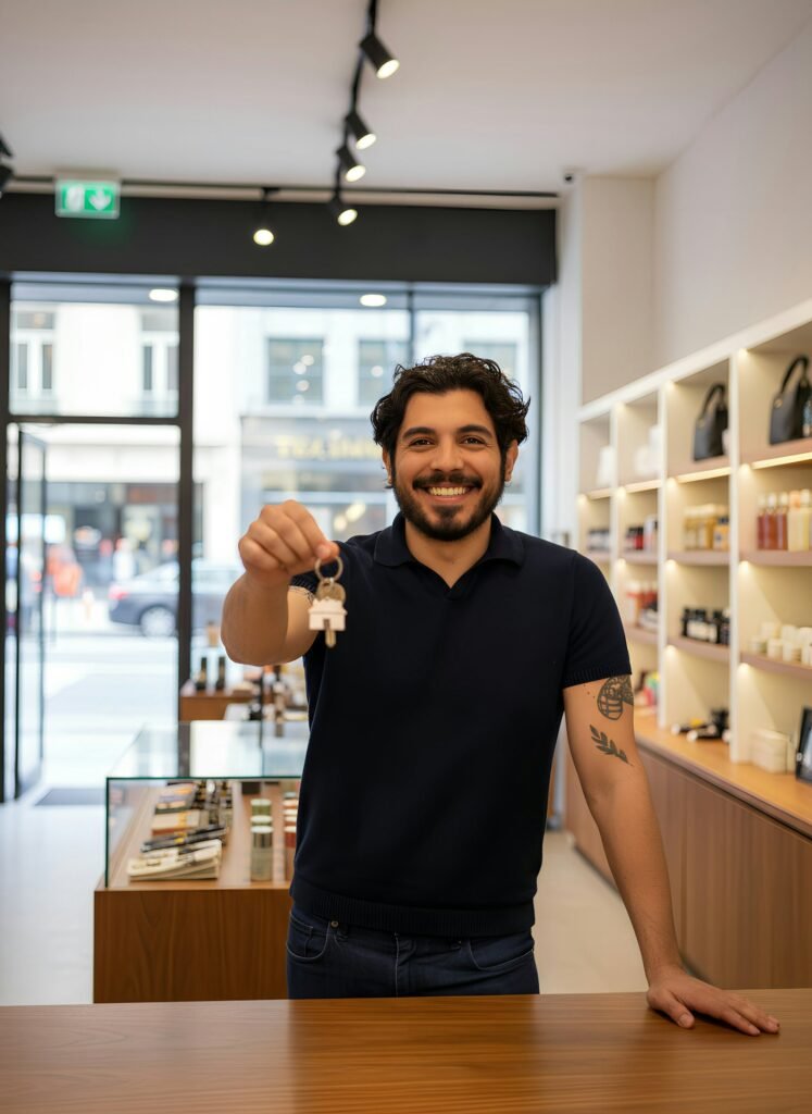 Hombre sosteniendo llaves dentro de su local comercial