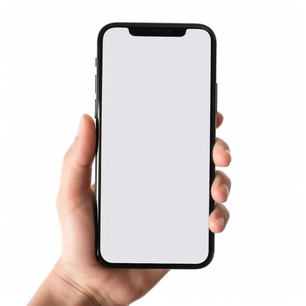 Mano sosteniendo un celular con la pantalla en blanco, listo para mostrar la página web de un negocio local